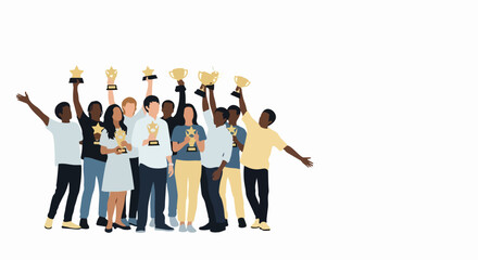 Obraz premium Diverse group celebrating success with trophy cups raised high in unity. Teamwork concept featuring happy people holding golden cups. Motivational imagery for corporate awards or team achievements.