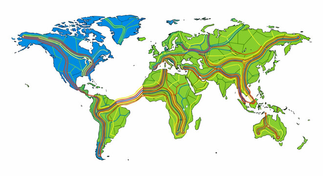 World map illustration with color-coded regions and clean vector design for geography projects. for branding, packaging, banner, poster, website header, and social media design use