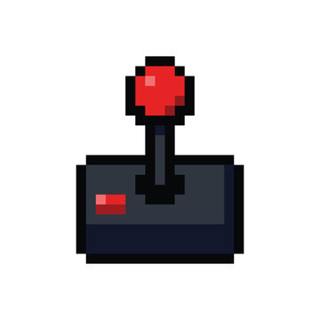 Classic arcade joystick pixel art with red ball top