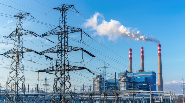 power lines and an electric p preset against the blue sky with smoke coming out of industrial chimneys