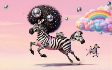 Naklejka premium Zebra with afro and boombox dances under rainbow disco balls float in