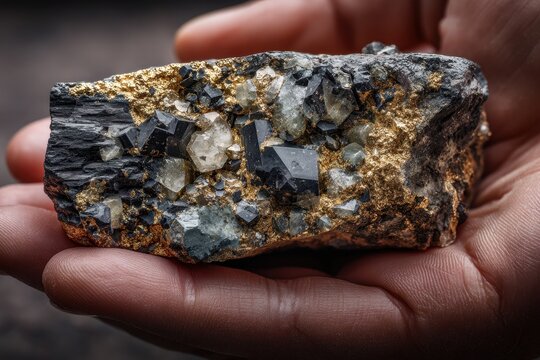 Close-up hand-held mineral specimen: gold ore with pyrite crystals and galena facets
