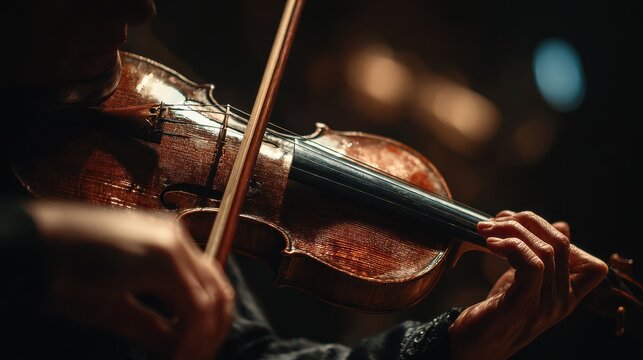Close-up of a violinist's hands playing an acoustic violin under warm stage lighting
