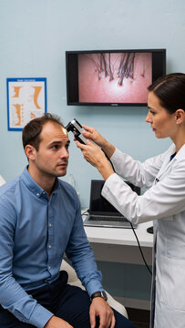 Woman doctor examining man patient hair condition with a trichoscope. Hair loss diagnosis and treatment. Dermatology care for clinic.