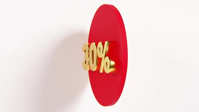 This animation displays a 30 percent discount in a circular design. The red and gold colors rotate in a smooth loop. The focus is on clear and bold numbers as they catch the eye