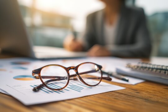 Close-up of eyeglasses on a desk as a professional woman writes a summary report with charts in a modern office