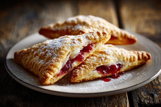 Close-up of flaky cherry turnovers with powdered sugar and glossy filling