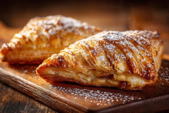 Close-up of flaky apple turnovers on a rustic wooden board, sugar-dusted crust and warm apple filling