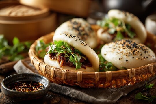 Close-up of fluffy bao buns and a gua bao sandwich on a bamboo steamer in a warm culinary still life