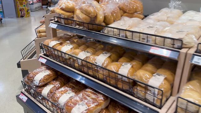 Fresh Baked Bread Rolls on Display Shelves in Australian Supermarket