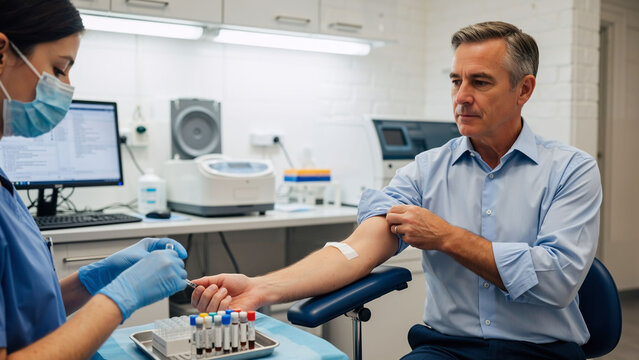 Woman phlebotomist taking blood from a man patient. Medical laboratory technician drawing blood sample for test, healthcare concept.