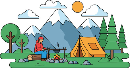 Naklejka premium Vector Illustration of a Mountain Camping Scene with Tent, Campfire, Trees, and Fisherman for Outdoor Adventure, Nature, and Camping Designs
