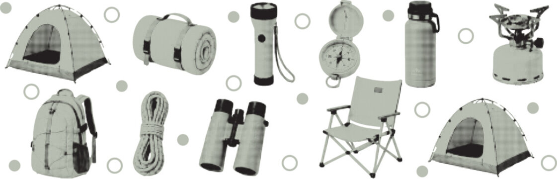 halftone pop art travel camping set with tent backpack binoculars bottle and outdoor gear collection