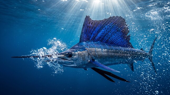 Striking sailfish with vibrant blue fin underwater, illuminated by sunbeams.