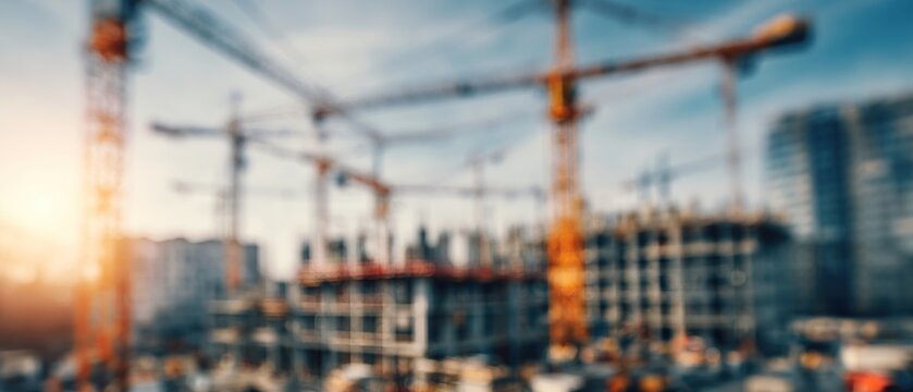 A blurred image of a construction site with cranes and equipment. Abstract urban background for use in business, engineering, real estate, and developers