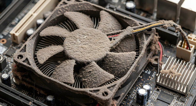 A dusty computer fan on a circuit board with wires and components, a close-up image with fine details.