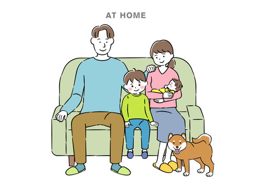 ペットのいる4人家族のイラスト 4C