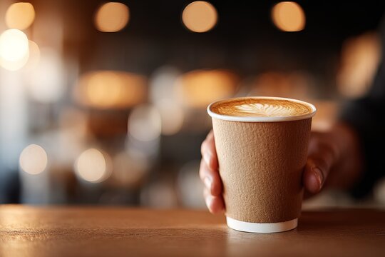 A person is handing over a takeaway coffee cup in a busy cafe setting. Customers are waiting and the atmosphere is lively during the morning rush