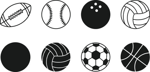 Fototapeta premium Sports balls icons, soccer football basketball baseball volleyball bowling equipment symbols, athletic game play competition elements, hobby training isolated, fitness activity