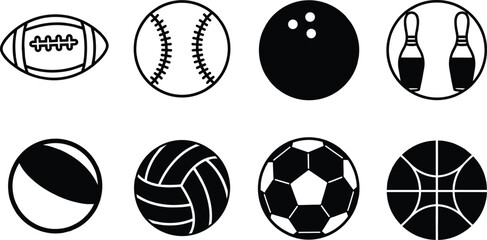 Fototapeta premium Sports balls and equipment icons, football, soccer, basketball, baseball, volleyball, bowling, beach ball symbols for athletic competition, activity and fitness.