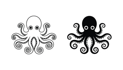 Detailed octopus creature icon set featuring outline and solid black graphic styles for marine life illustration or nautical branding design © Canvas