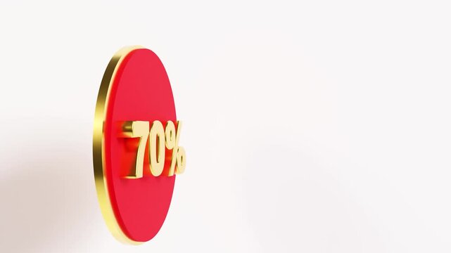 A 3D animation shows a red circle with the text 70 percent in gold color. The animation loops smoothly, highlighting a discount offer. It provides a clear visual for sales promotions