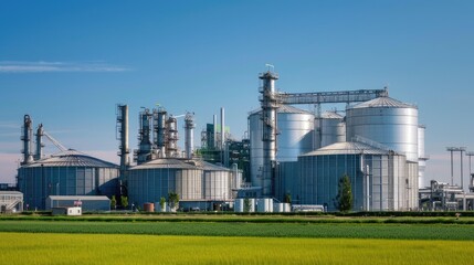 Obraz premium An overhead view of grain silos at an industrial farm, with blue sky and green fields in the background.