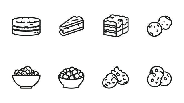 Cake Icons: A collection of stylized cake illustrations including layer cake, slice of cake, brownie, cake ball, arranged in a clean, minimalist line art style.