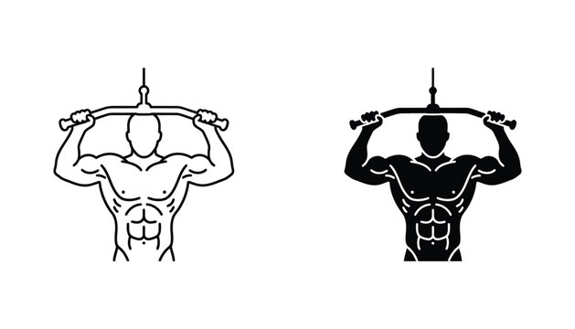 Muscular athlete performing lat pulldown exercise in gym silhouette and line art format representing fitness training and bodybuilding strength workout routine