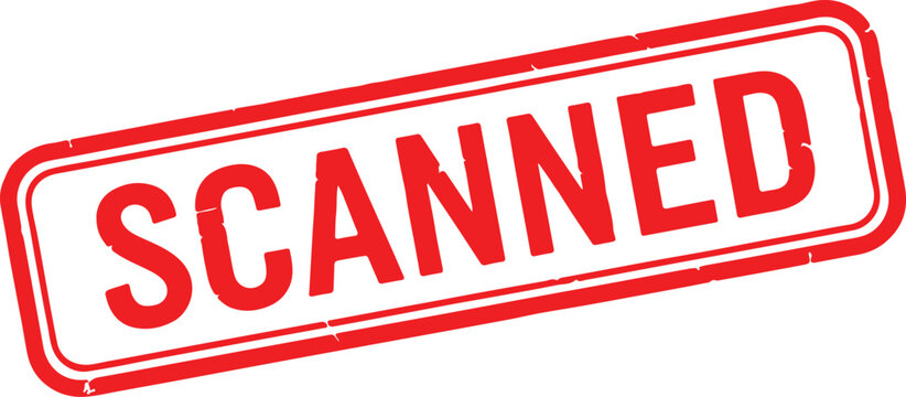 Red rubber stamp with the word SCANNED in bold white letters, signifying document processing, digitization, and data entry for records.