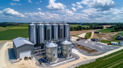 Obraz premium An overhead view of grain silos at an industrial farm, with blue sky and green fields in the background.