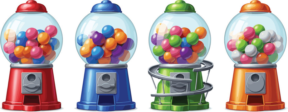 Colorful Gumball Machines with Various Candy Balls for Fun, Playful, and Retro Illustrations