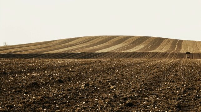 Photo of a plowed field with freshly tilled soil.