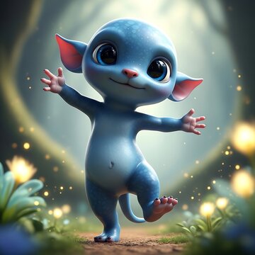 Charming blue creature dancing joyfully in a whimsical forest setting