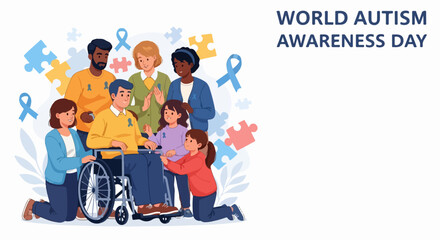 Fototapeta premium World Autism Awareness Day illustration with diverse family and puzzle pieces symbolizing support and unity. Colorful ribbon pins and wheelchair accessibility icons.