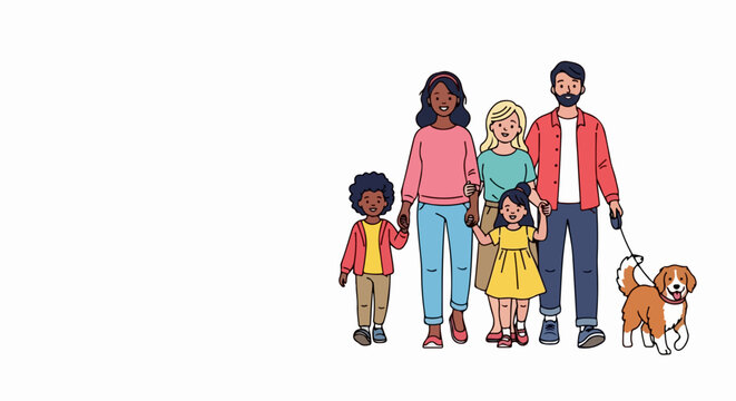 Happy family illustration with diverse parents, children, and golden retriever dog. Modern flat design family portrait for lifestyle branding and social media content.