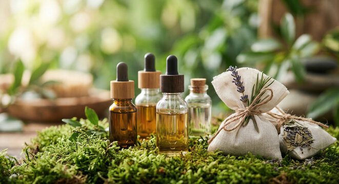 Natural remedies for health and self-care: essential oils and medicinal herbs in harmony with nature. Concept of alternative medicine, wellness, and an eco-friendly lifestyle.