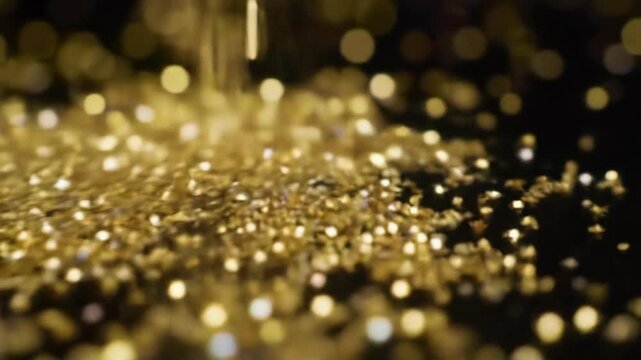 Macro ECU of tiny, iridescent golden particles cascading against a deep black void, soft bokeh, and slow dolly video push-in. Elegant festive abstract overlay concept