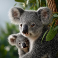 Fototapeta premium Koala baby animal marsupial fur tree leaf Australia wildlife nature. Koala and baby cuddling tree branch surrounded by green leaves soft fur