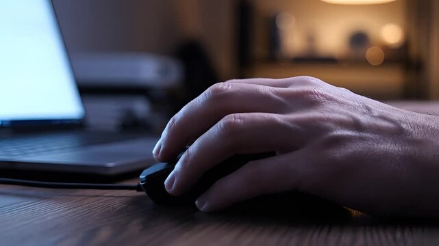 Closeup of a hand using a computer mouse next to a laptop screen.