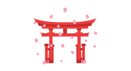 Fototapeta premium 桜の花びらが舞う中に、伝統的な鳥居の赤い門が立っている風景。