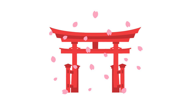 桜の花びらが舞う中に、伝統的な鳥居の赤い門が立っている風景。