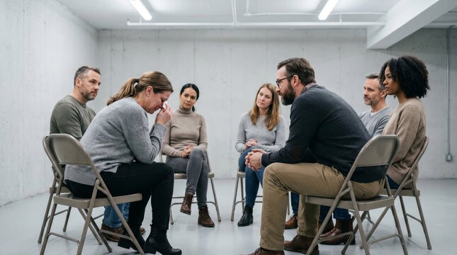 Circle of adults seated on folding chairs in community center basement under fluorescent light, one person mid-sentence with tissue in hand,