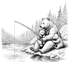 Father Bear Teaching Two Cubs to Fish by Forest River – Family Wildlife Coloring Page Illustration © Nayem