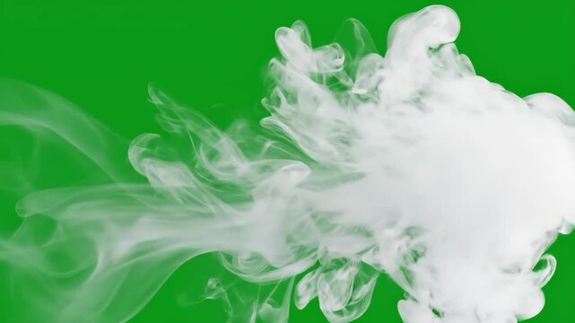 Dynamic white smoke or vapor effect expanding and dissipating against a vibrant green screen background. Ideal for compositing, overlays, and visual effects in various projects.