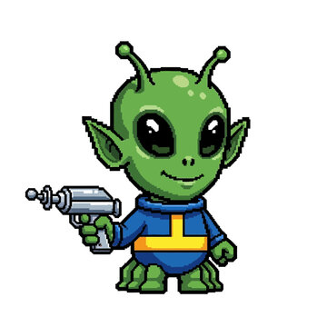 緑色の小さなキャラクターで、宇宙服のような衣装を着ていて、銃を持っている。