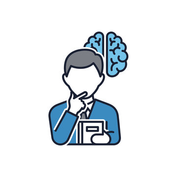 考え込んでいる人物と脳のアイコン。学習や思考を表しています。