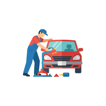 自動車整備士が車の点検や修理を行っている様子を描いたイラストです。