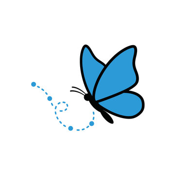青色の蝶が飛んでいる様子をシンプルな線と点で表現したイラストです。