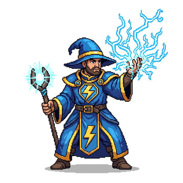 青いローブを着た魔法使いが、杖と雷の魔法を操っているピクセルアート。